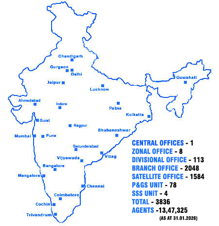 Map showing Life Insurance Corporation of India branch, divisional, and zonal offices across India.